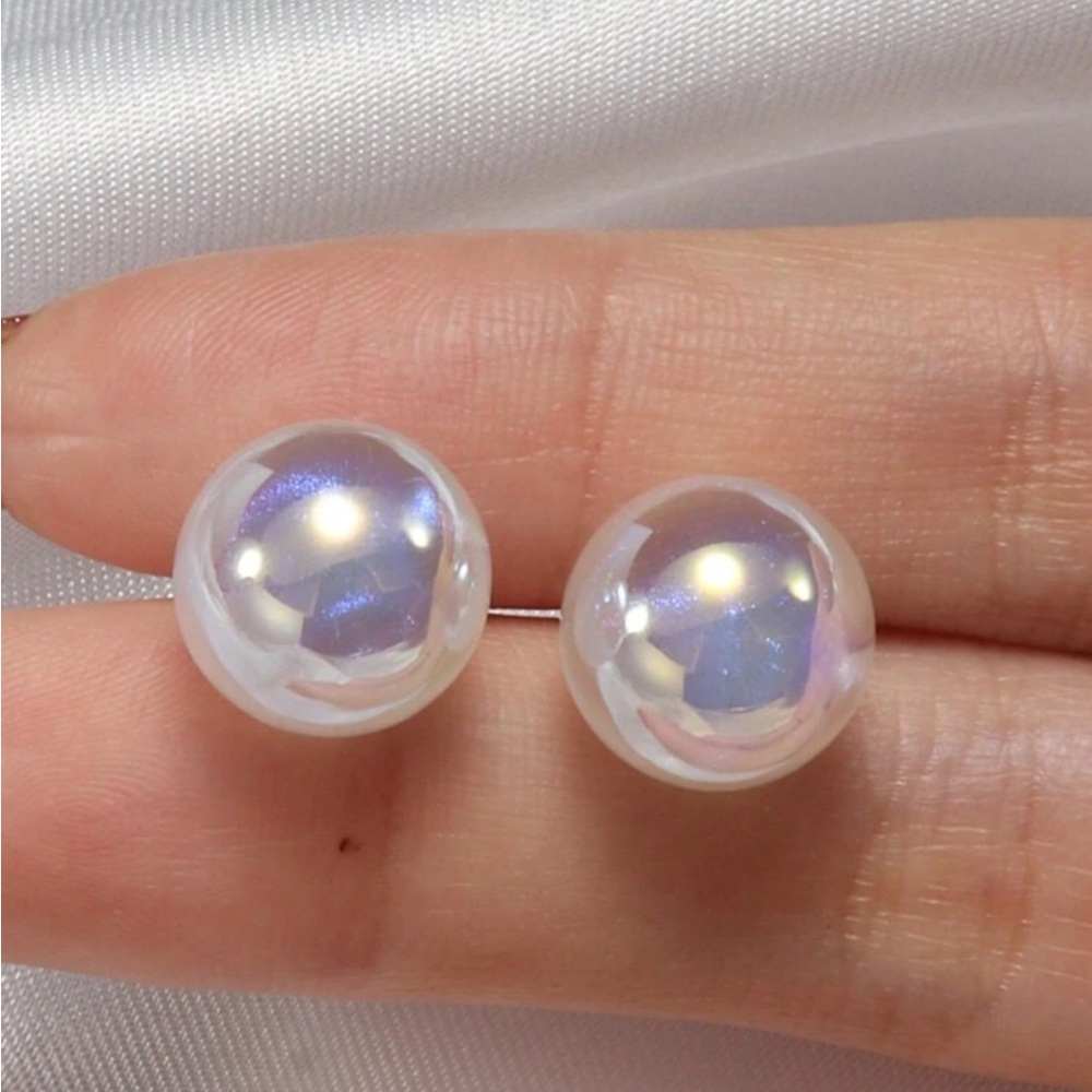 Elegant Iridescent Faux Pearl Stud Earrings, 925 Sterling Silver pins.